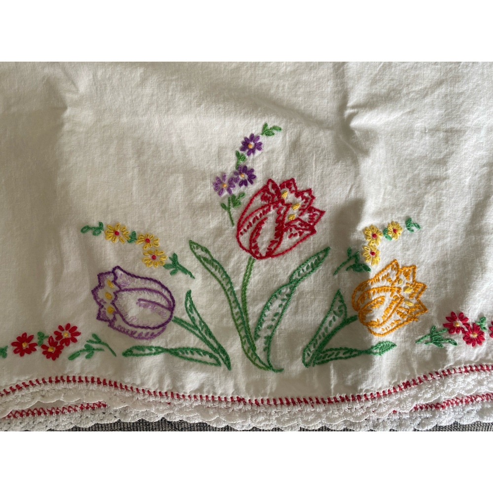 2 Vintage White Hand-stiched Needlepoint Floral Standard Size Pillowcase
